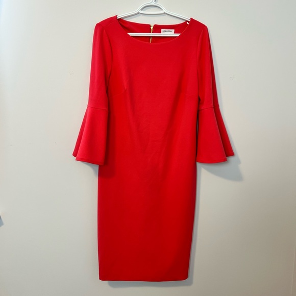 Coral Calvin Klein Trumpet Sleeve Dress - Picture 1 of 7